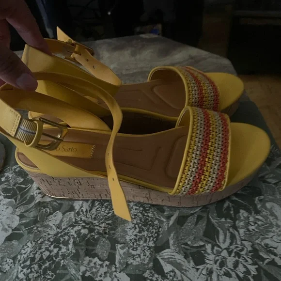 Franco Sarto Yellow Multi-Color Woven Wedges - Picture 4 of 9
